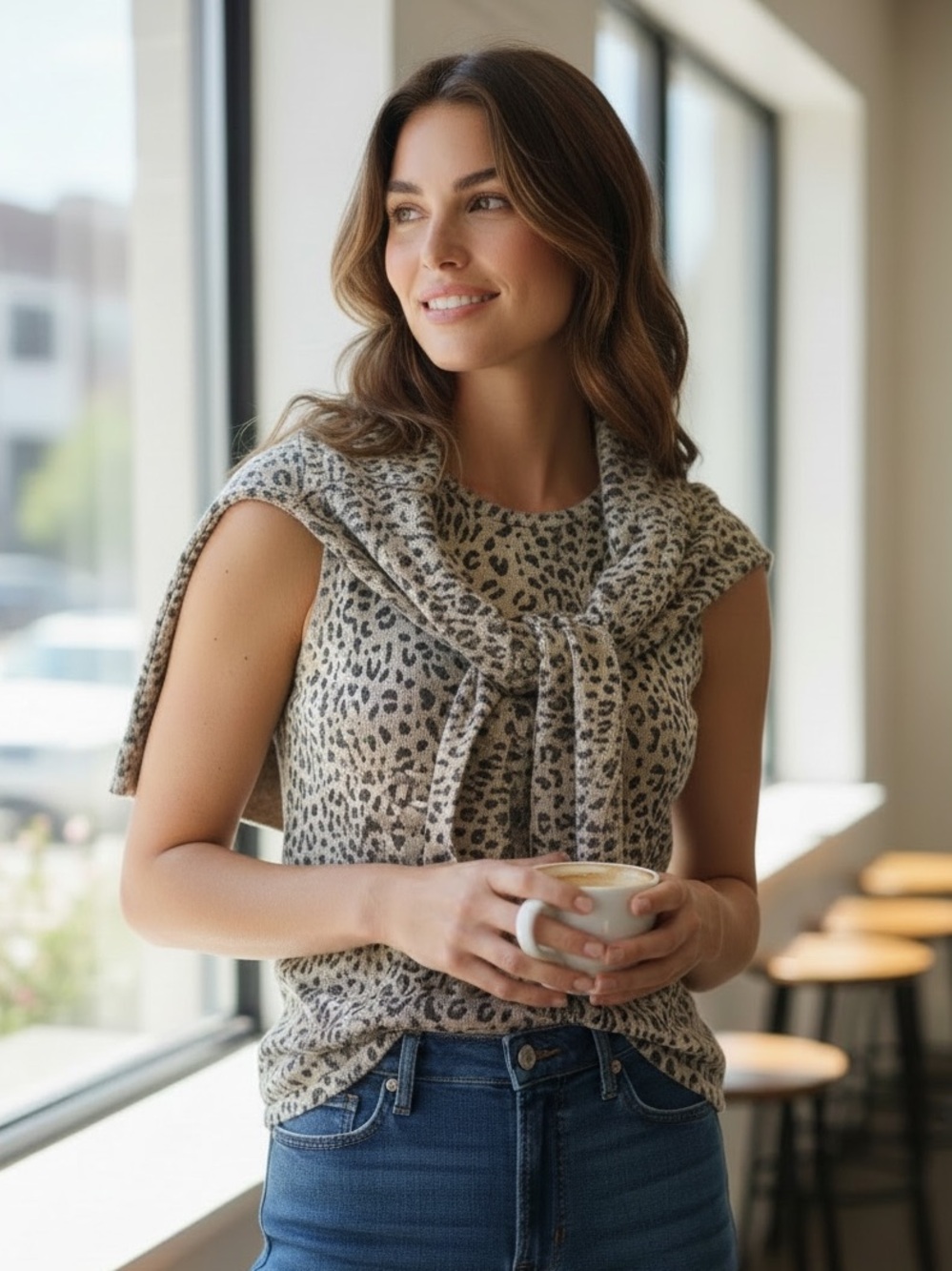 Hampshire‎ Studio Leopard Print Twin Set Ramie Cotton Cardigan & Tank Petite L